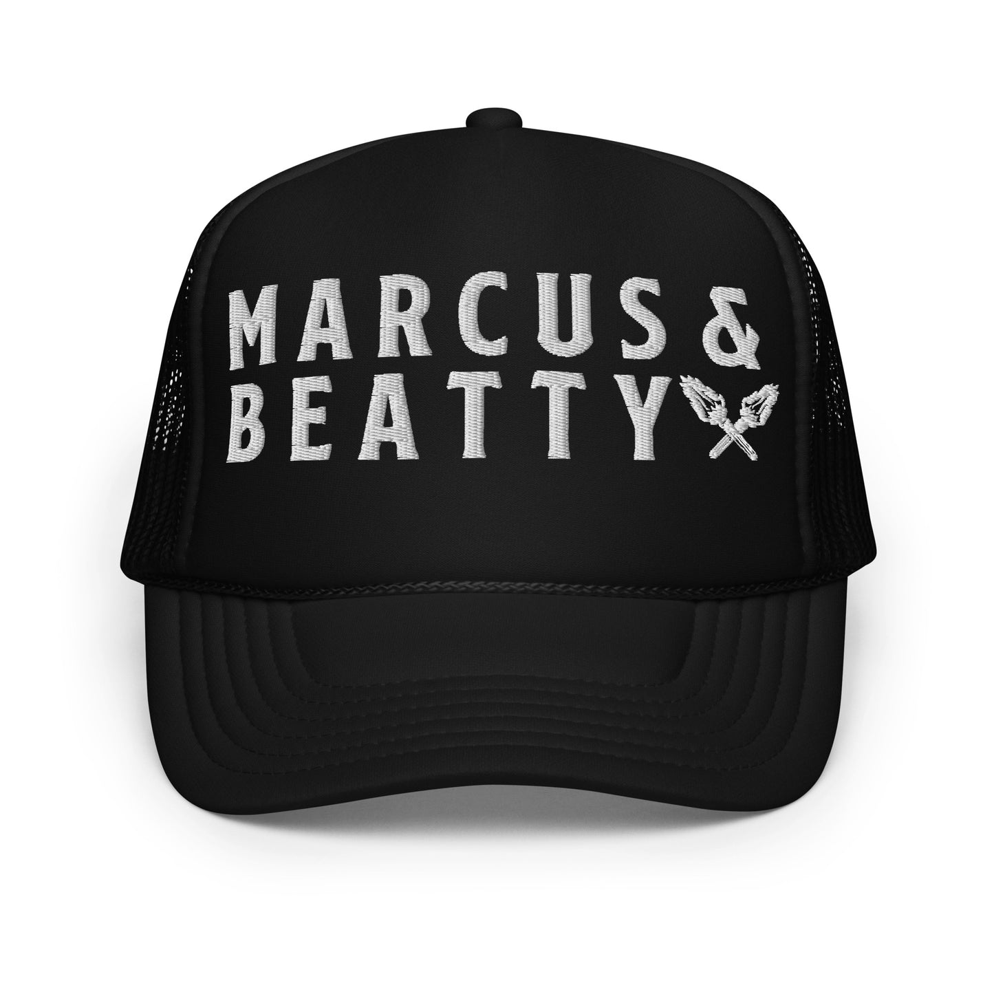 Front View of the Marcus & Beatty Dual Flame Logo Trucker Hat, black foam and mesh cap with adjustable snap, front logo embroidered in white, unisex fit.