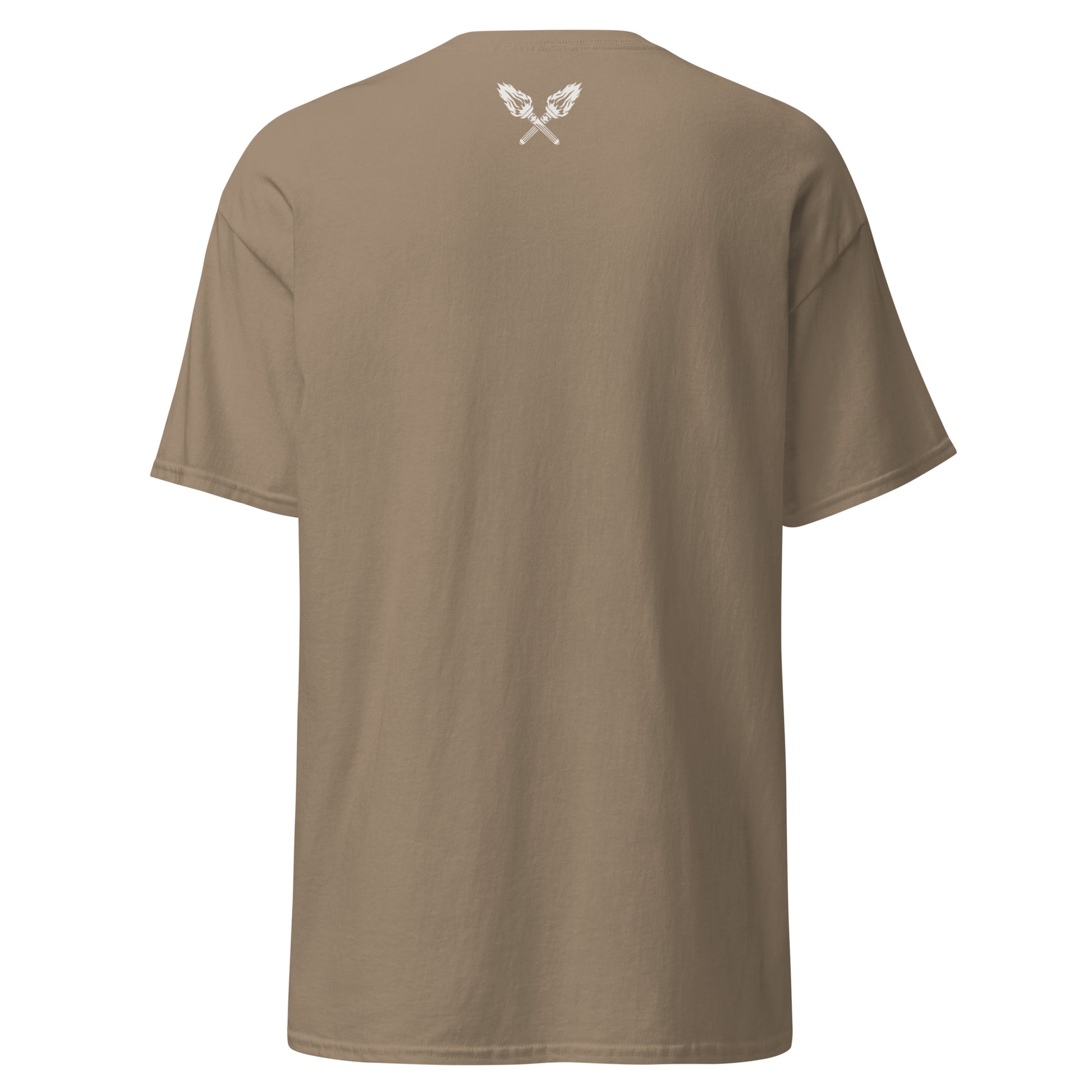 Back view of the Brown Savana Color Marcus & Beatty Classic Logo Tee in 100% cotton, front logo print with small Dual Flame mark near neckline on back, unisex cut