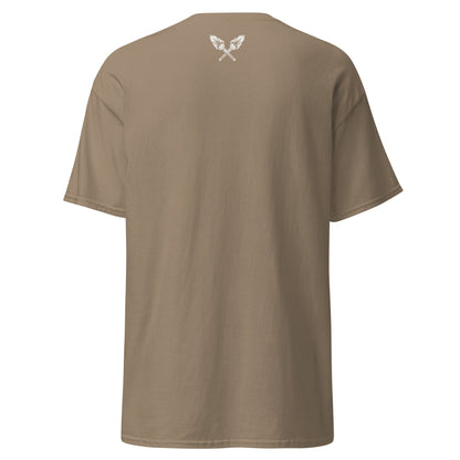 Back view of the Brown Savana Color Marcus & Beatty Classic Logo Tee in 100% cotton, front logo print with small Dual Flame mark near neckline on back, unisex cut