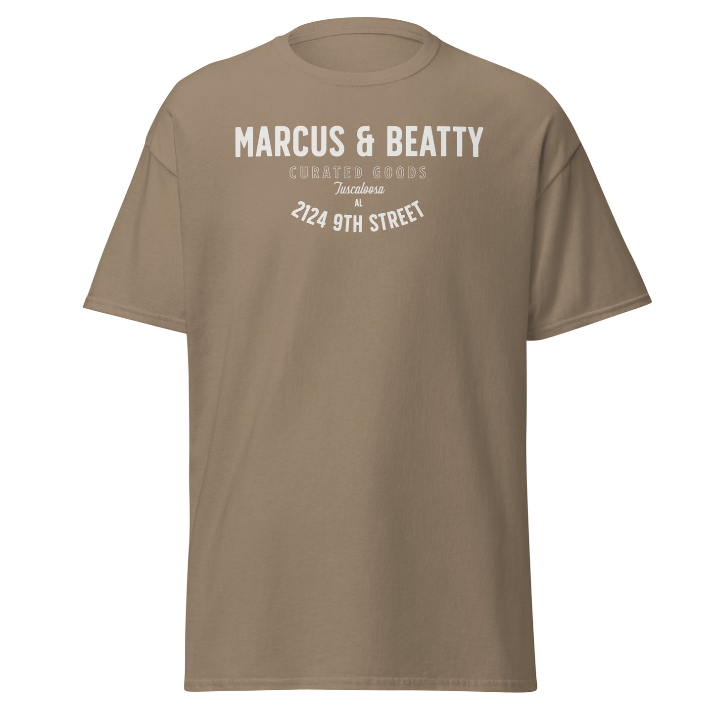 Front view of the Brown Savana Color Marcus & Beatty Classic Logo Tee in 100% cotton, front logo print with small Dual Flame mark near neckline on back, unisex cut