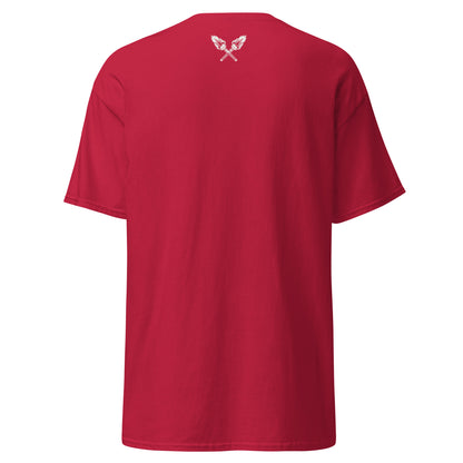 Back view of the Cardinal Color Marcus & Beatty Classic Logo Tee in 100% cotton, front logo print with small Dual Flame mark near neckline on back, unisex cut.