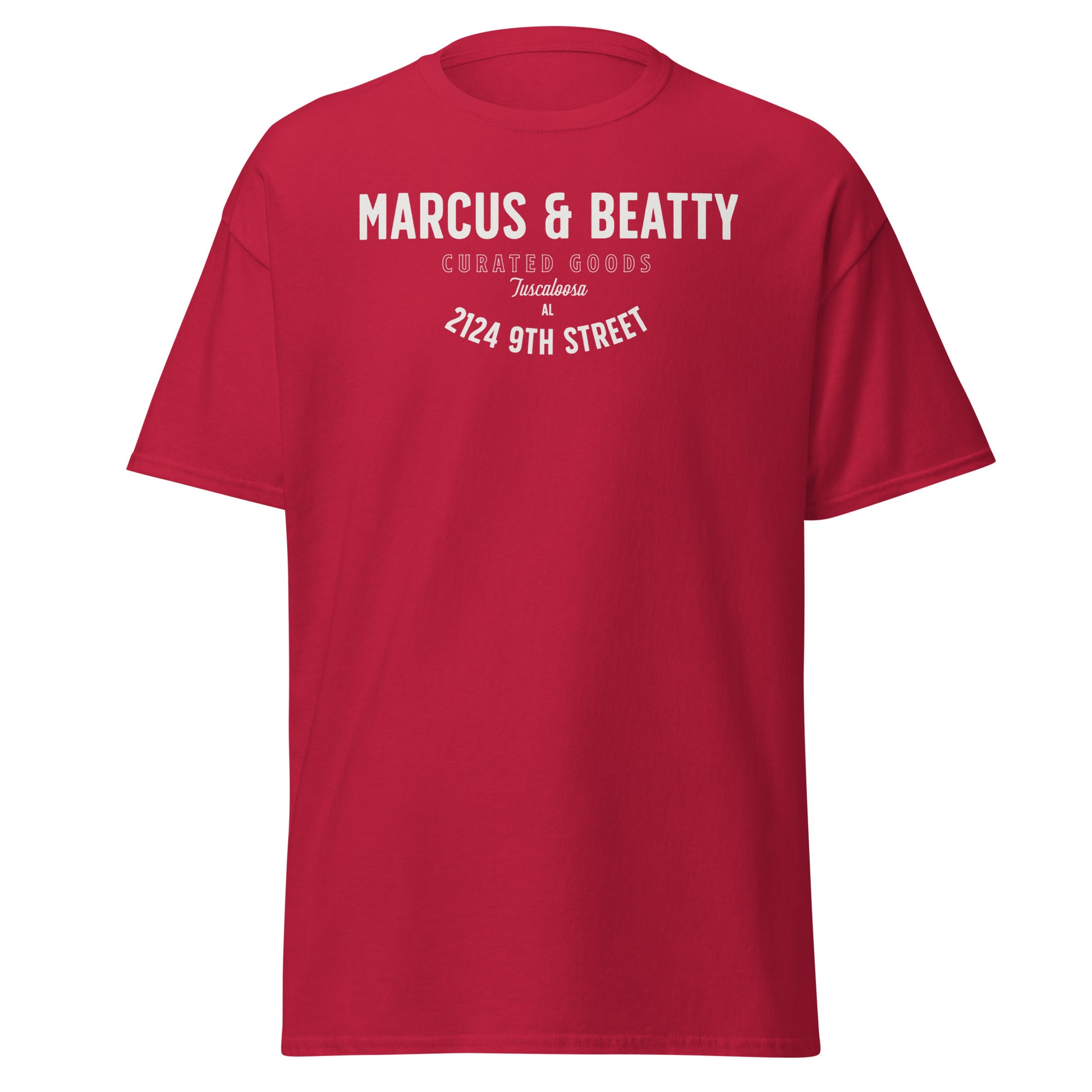 Front view of the Cardinal Color Marcus & Beatty Classic Logo Tee in 100% cotton, front logo print with small Dual Flame mark near neckline on back, unisex cut.