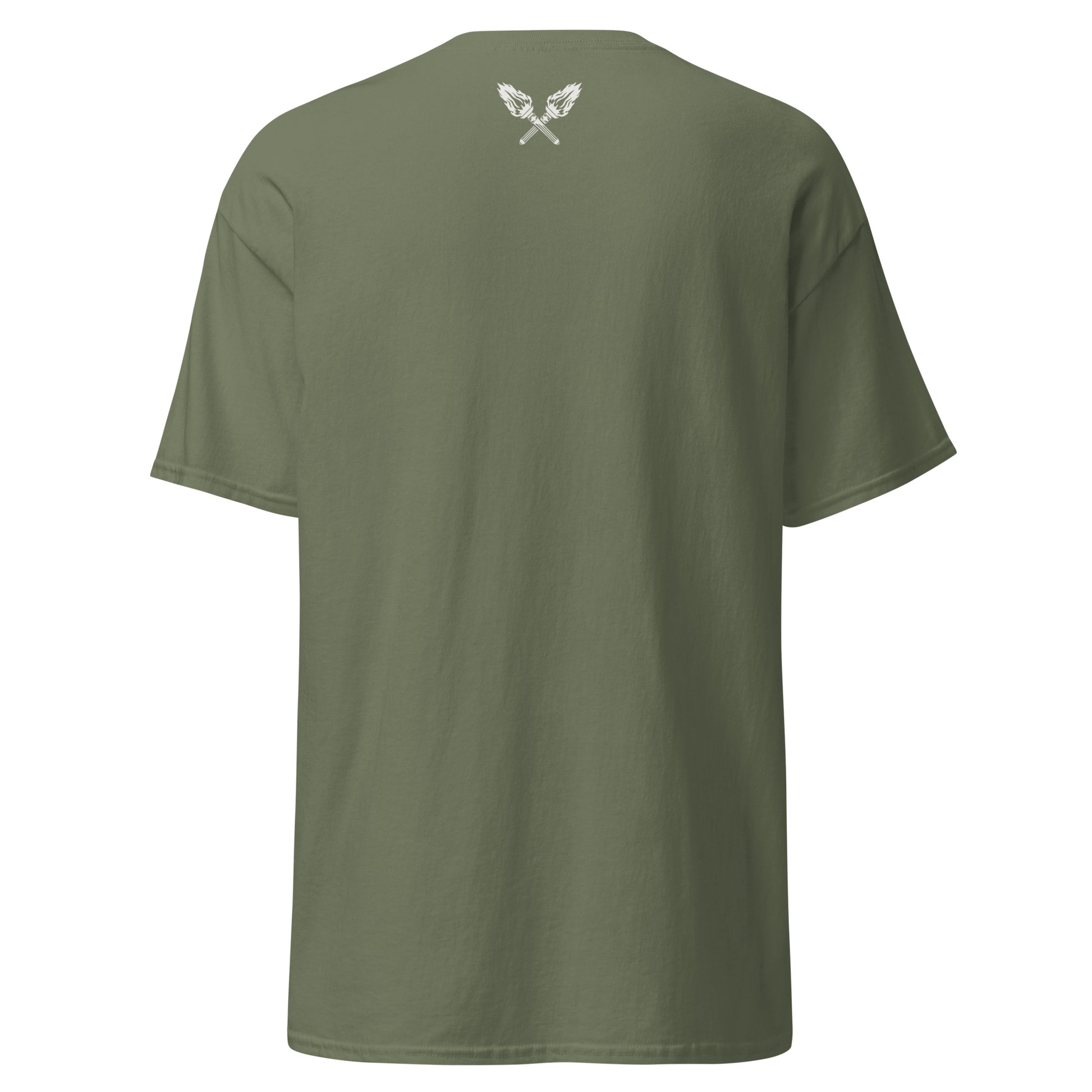 Back view of the Military Green Color Marcus & Beatty Classic Logo Tee in 100% cotton, front logo print with small Dual Flame mark near neckline on back, unisex cut