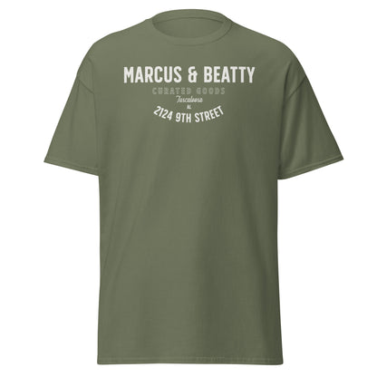 Front view of the Military Green Color Marcus & Beatty Classic Logo Tee in 100% cotton, front logo print with small Dual Flame mark near neckline on back, unisex cut