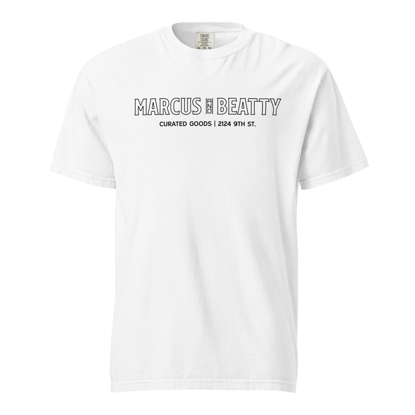 Front View of the Marcus & Beatty Storefront Logo Tee on Comfort Colors garment-dyed cotton, with front logo print inspired by storefront, unisex relaxed fit, white color.