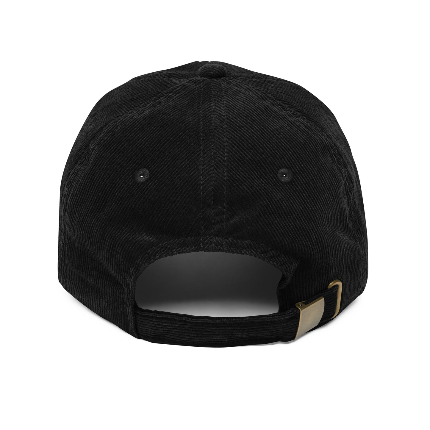 Back View of the Marcus & Beatty black vintage corduroy cap, embroidered 'M + B' logo in white, adjustable gold buckle strap, unstructured low-profile fit.