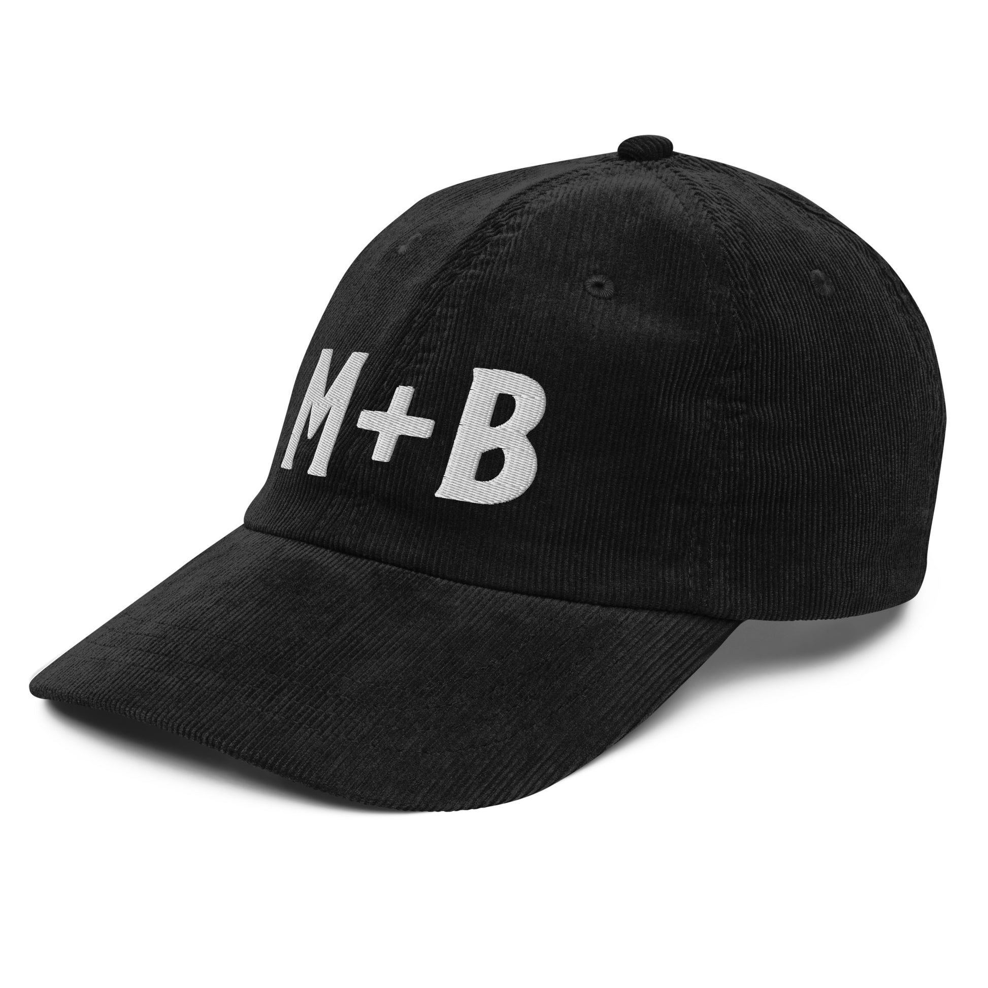 Right Side View of the Marcus & Beatty black vintage corduroy cap, embroidered 'M + B' logo in white, adjustable gold buckle strap, unstructured low-profile fit.