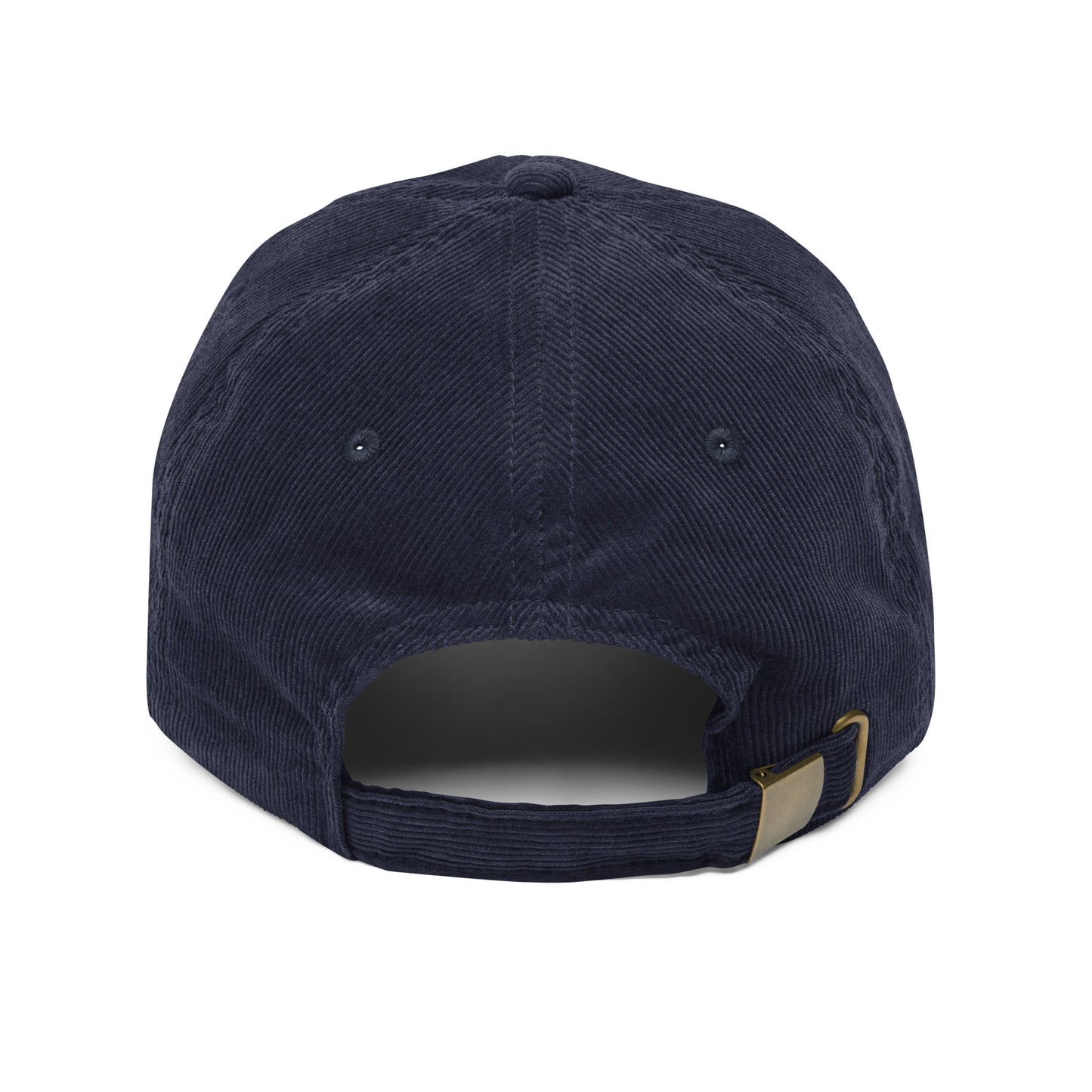 Back View of the Marcus & Beatty navy vintage corduroy cap, embroidered 'M + B' logo in white, adjustable gold buckle strap, unstructured low-profile fit.