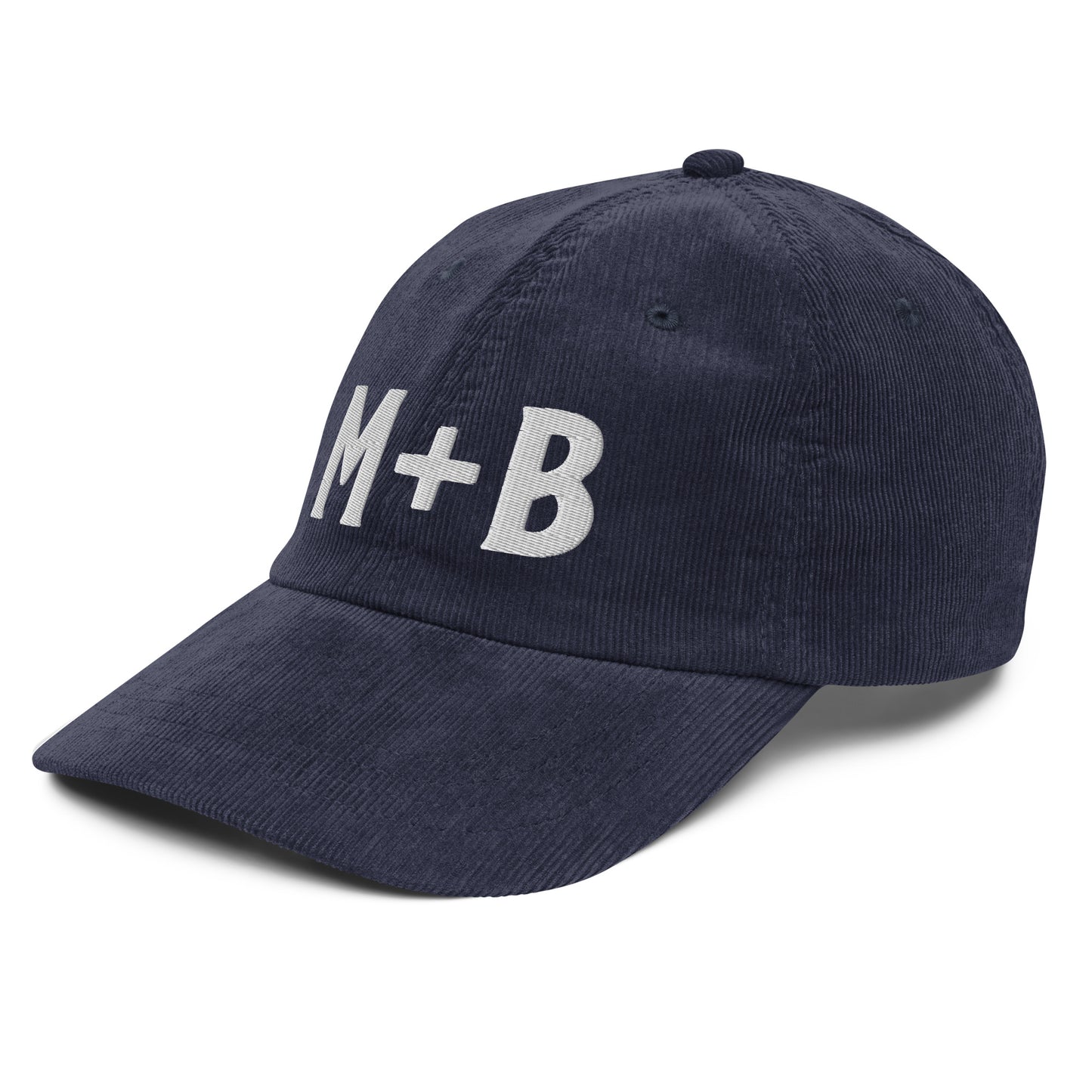 Right-Side View of the Marcus & Beatty navy vintage corduroy cap, embroidered 'M + B' logo in white, adjustable gold buckle strap, unstructured low-profile fit.
