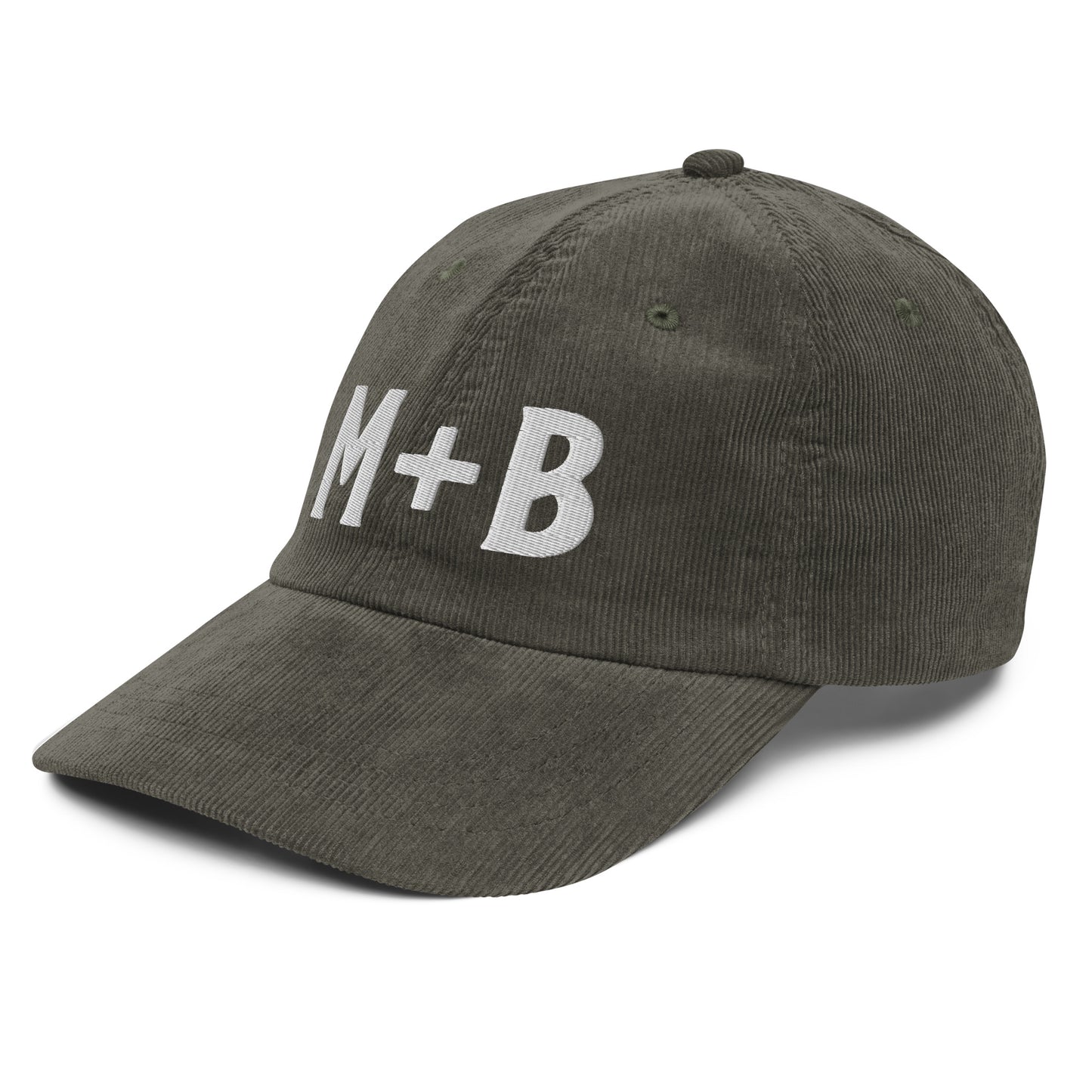 Right-Side View of the Marcus & Beatty Olive vintage corduroy cap, embroidered 'M + B' logo in white, adjustable gold buckle strap, unstructured low-profile fit.