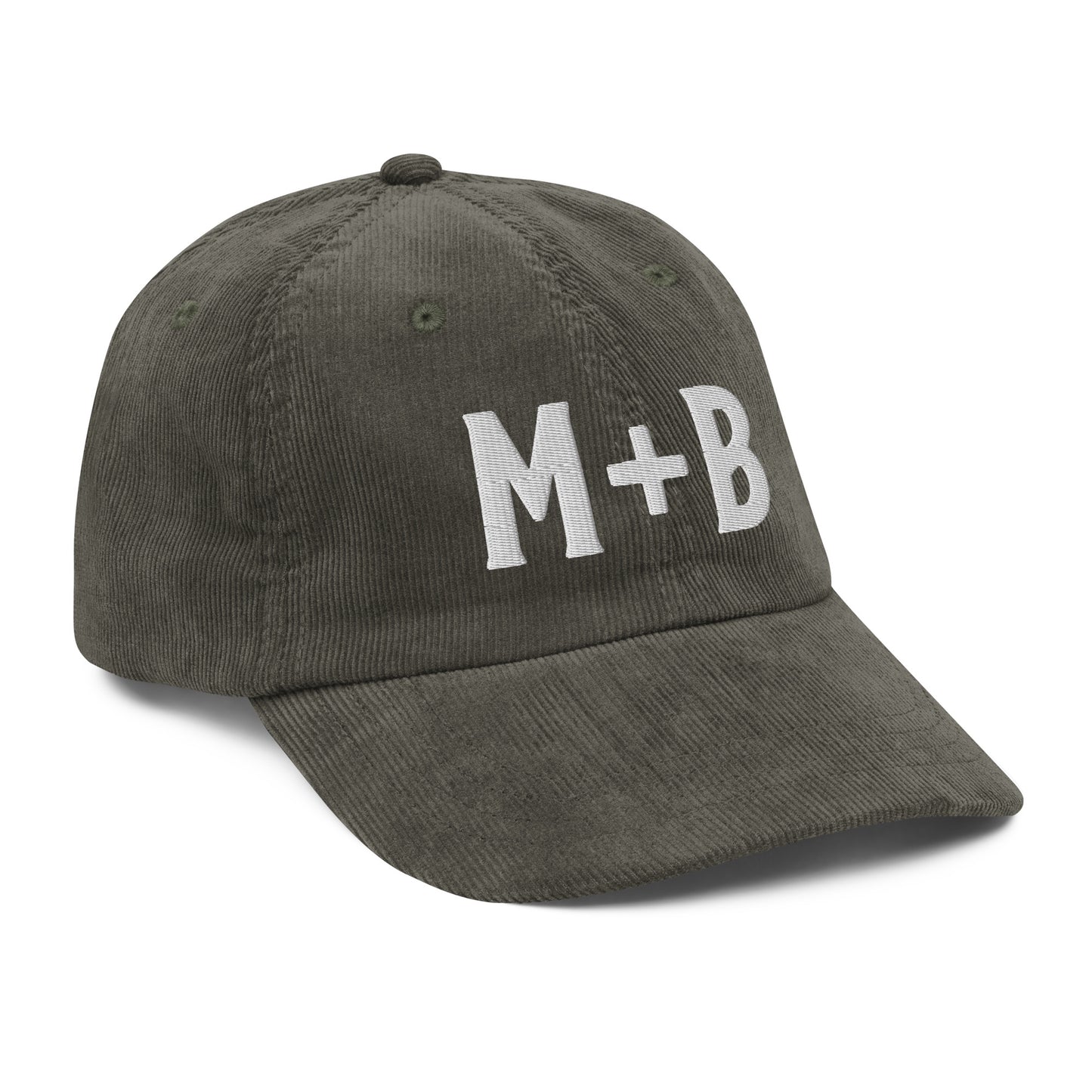 Left-Side View of the Marcus & Beatty Olive vintage corduroy cap, embroidered 'M + B' logo in white, adjustable gold buckle strap, unstructured low-profile fit.