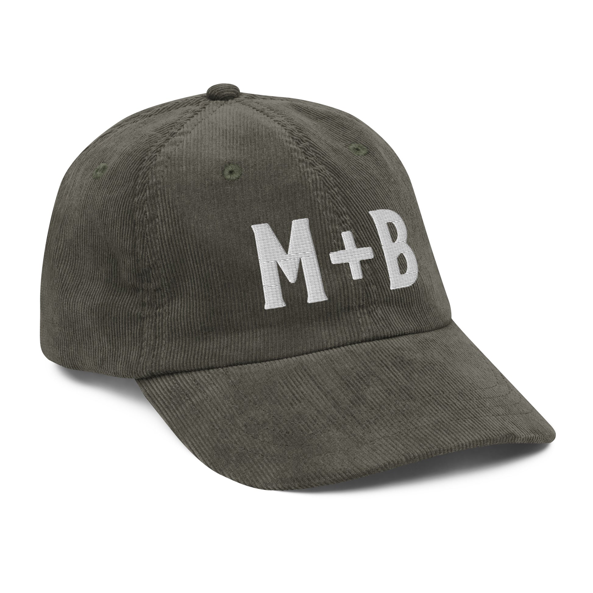 Left-Side View of the Marcus & Beatty Olive vintage corduroy cap, embroidered 'M + B' logo in white, adjustable gold buckle strap, unstructured low-profile fit.
